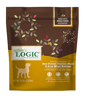 DR_Raw-Frozen Two Nature’s Logic dog food bags, brown and orange, with No legumes, peas, potatoes, natural taurine, 95% animal protein.