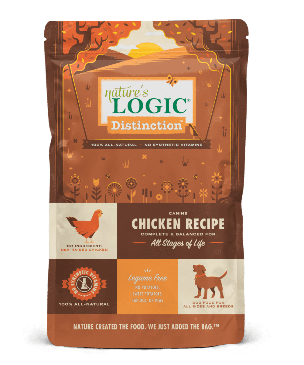 Nature's Logic Distinction Chicken Dog food bag labeled Nature's Logic Distinction Chicken Recipe.